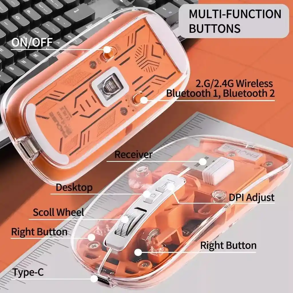 Mouse Transparente Inalámbrico, Recargable, Bluetooth Tapa Magnética Ma100
