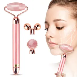 Masajeador Facial Cuarzo Rosa Rodillo Vibrador 3 En 1