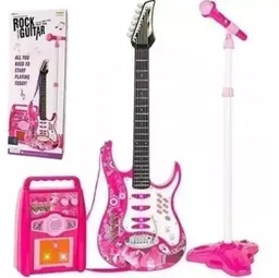 Juguete Guitarra Electrica Rosada Con Amplificador Y Microfono
