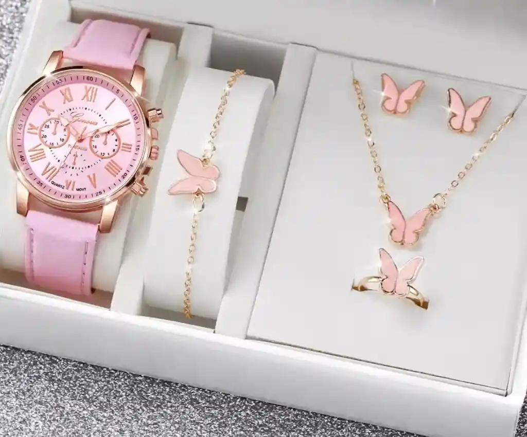 Set Reloj Para Mujer Corazones Rosa Con Collar Aretes Reloj