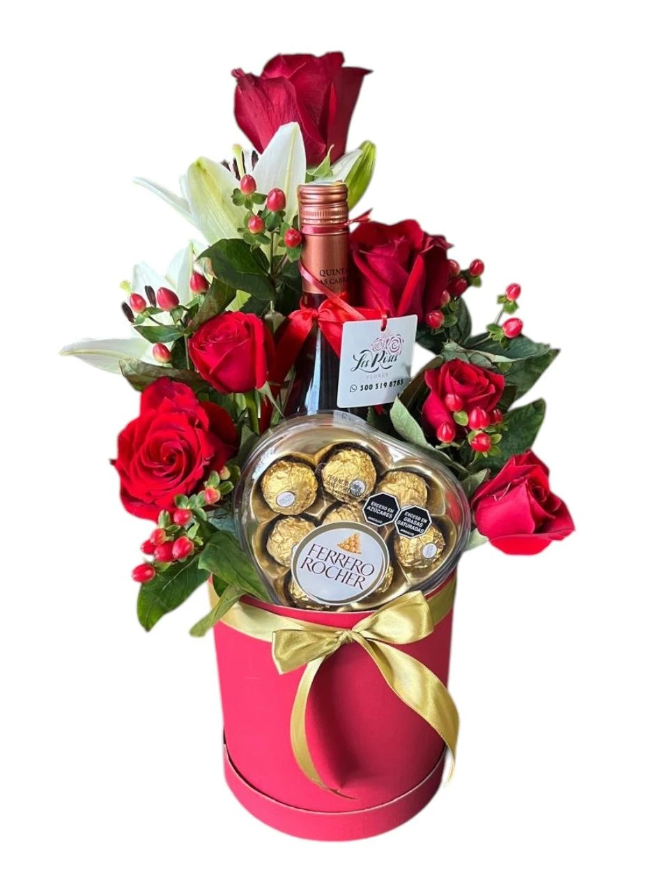 Flores En Caja Roja De Rosas, Lirios Con Vino Y Chocolates — Romance. Arreglo floral de Flores Les Roses con envío a domicilio en Bogotá.