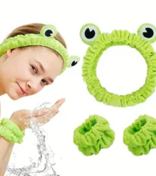 Juego De Diadema Con Diseño De Sapo Y Muñequera Para Lavado De Cara De Spa, Y Maquillaje Diadema Para El Cuidado De La Piel