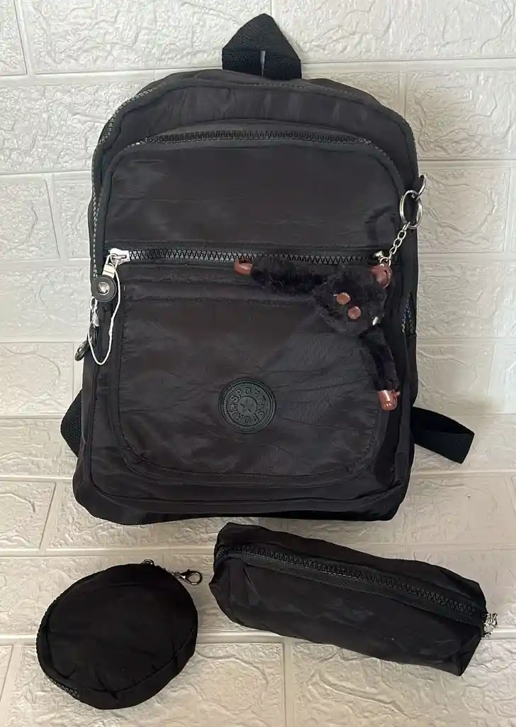 Maletin Escolar Dama O Niña 4 Bolsillos Pequeño Negro + Cartuchera Y Monedero / Bolso