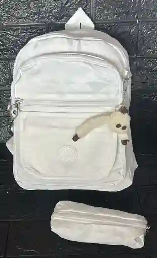 Maletin Escolar Dama O Niña 4 Bolsillos Pequeño Blanco + Cartuchera Y Monedero / Bolso