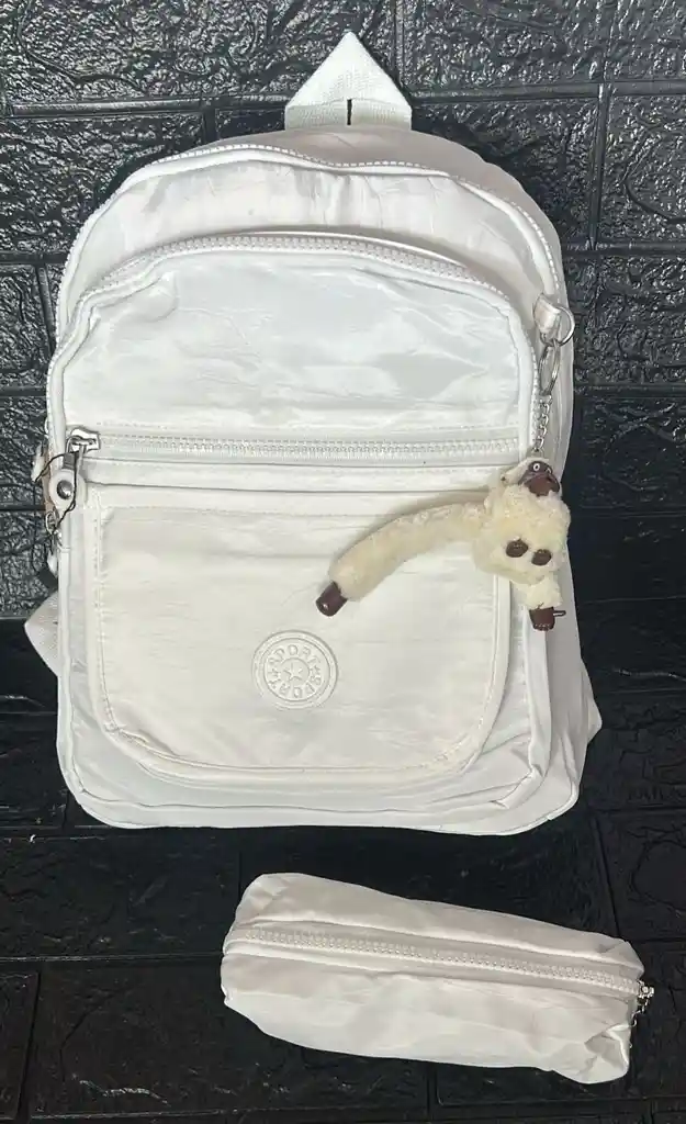 Maletin Escolar Dama O Niña 4 Bolsillos Pequeño Blanco + Cartuchera Y Monedero / Bolso