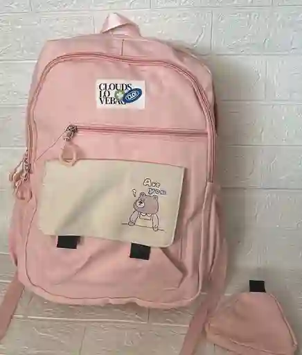 Maletin Escolar Dama O Niña 4 Bolsillos Grande Rosado + Monedero / Bolso