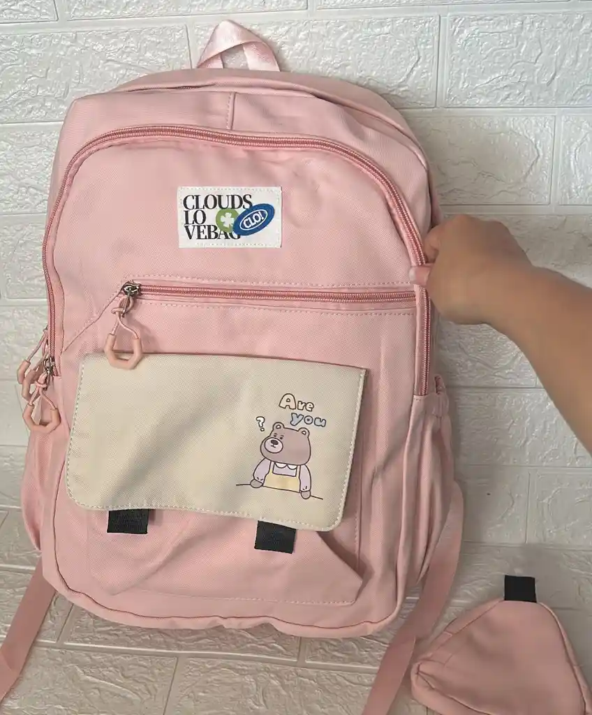 Maletin Escolar Dama O Niña 4 Bolsillos Grande Rosado + Monedero / Bolso