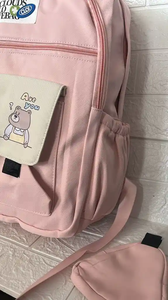 Maletin Escolar Dama O Niña 4 Bolsillos Grande Rosado + Monedero / Bolso