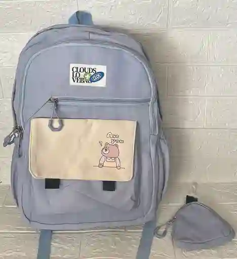 Maletin Escolar Dama O Niña 4 Bolsillos Grande Azul + Monedero / Bolso
