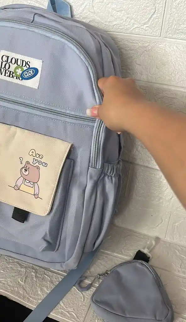 Maletin Escolar Dama O Niña 4 Bolsillos Grande Azul + Monedero / Bolso
