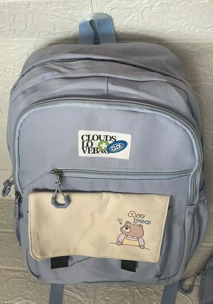 Maletin Escolar Dama O Niña 4 Bolsillos Grande Azul + Monedero / Bolso