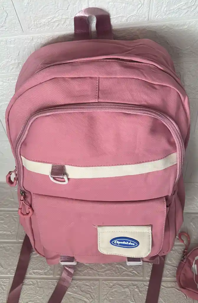 Maletin Escolar Dama O Niña 3 Bolsillos Grande Rosado + Monedero / Bolso