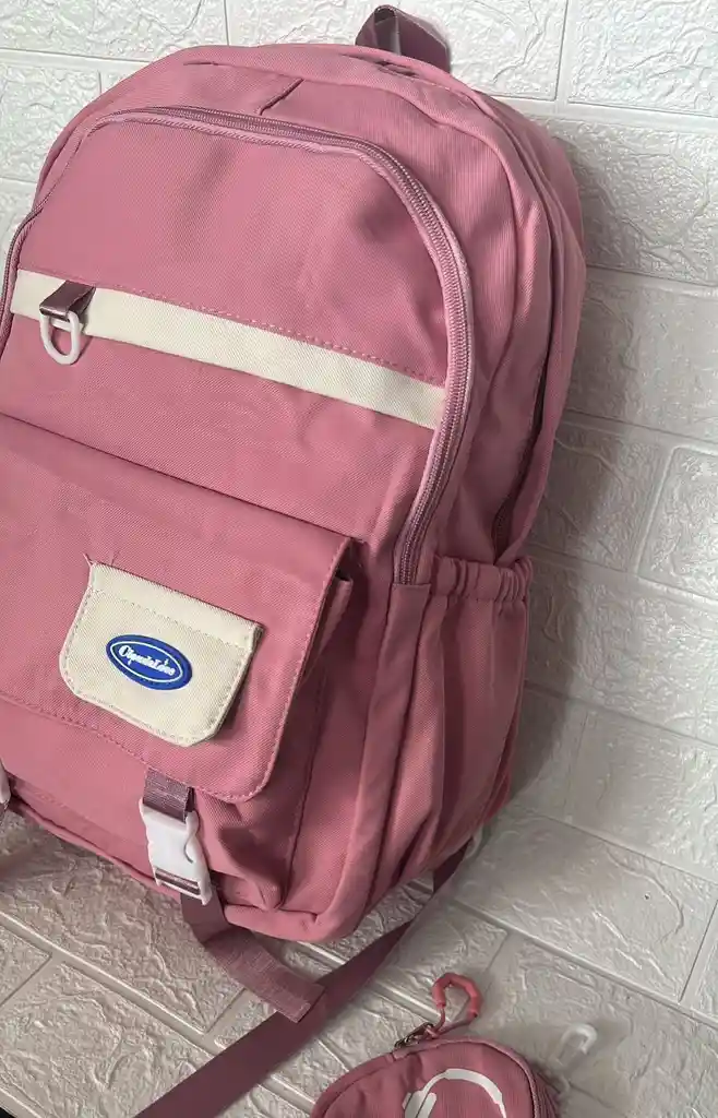 Maletin Escolar Dama O Niña 3 Bolsillos Grande Rosado + Monedero / Bolso
