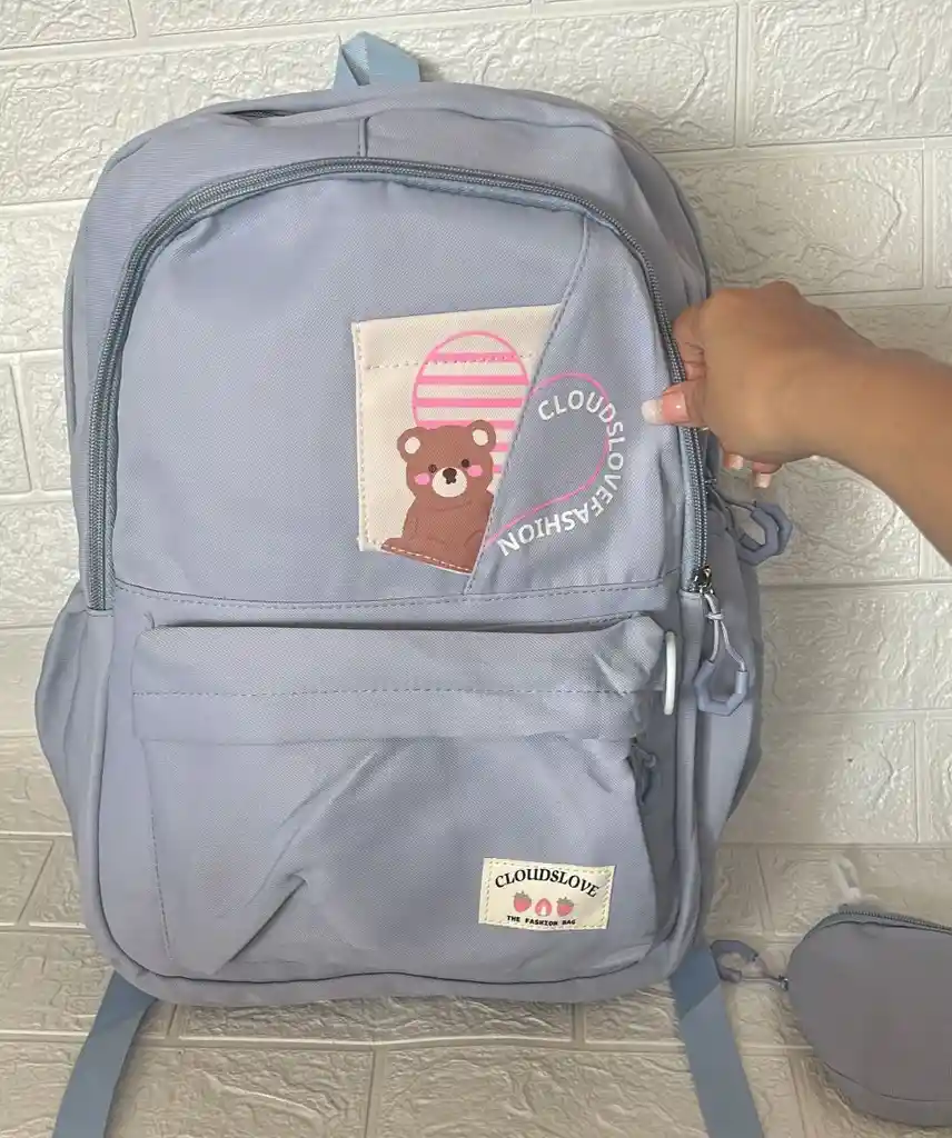 Maletin Escolar Dama O Niña 3 Bolsillos Grande Azul + Monedero / Bolso