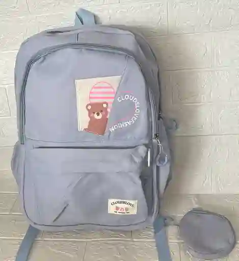 Maletin Escolar Dama O Niña 3 Bolsillos Grande Azul + Monedero / Bolso