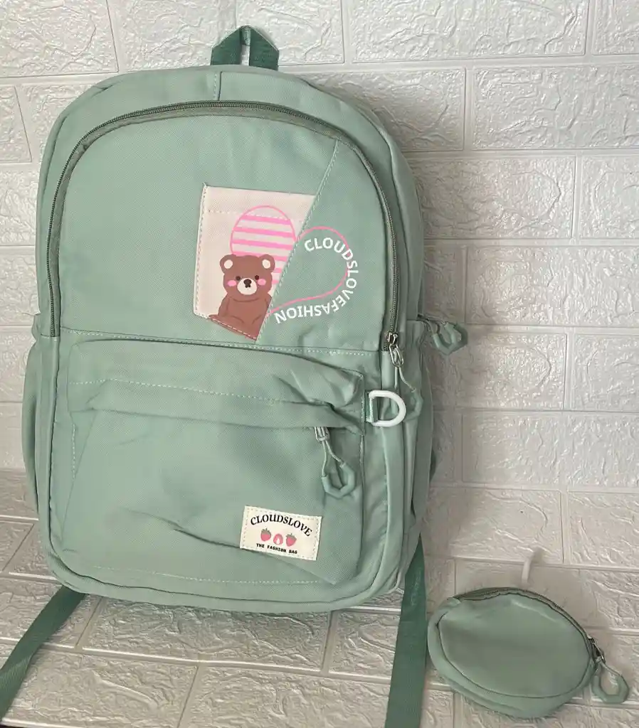 Maletin Escolar Dama O Niña 3 Bolsillos Grande Verde + Monedero / Bolso