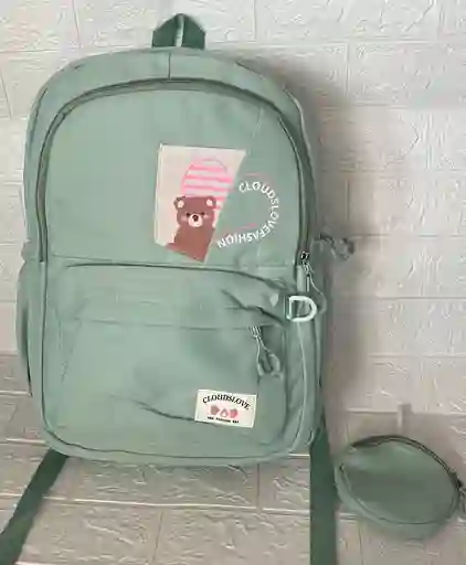 Maletin Escolar Dama O Niña 3 Bolsillos Grande Verde + Monedero / Bolso