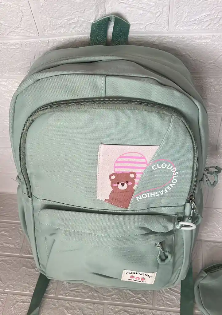 Maletin Escolar Dama O Niña 3 Bolsillos Grande Verde + Monedero / Bolso