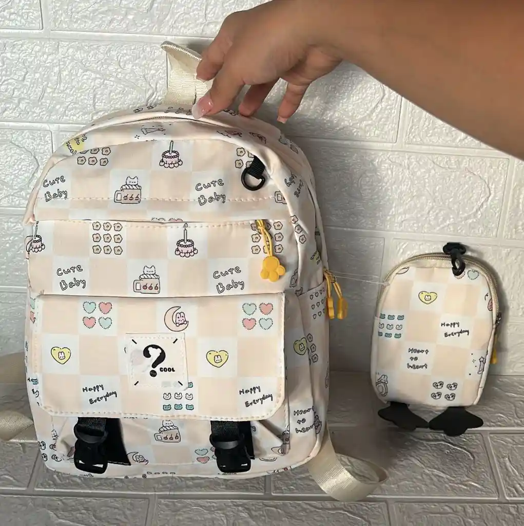 Maletin Escolar Dama O Niña 3 Bolsillos Pequeño Amarillo Claro + Monedero / Bolso