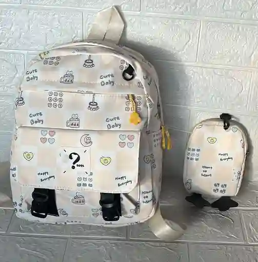 Maletin Escolar Dama O Niña 3 Bolsillos Pequeño Amarillo Claro + Monedero / Bolso