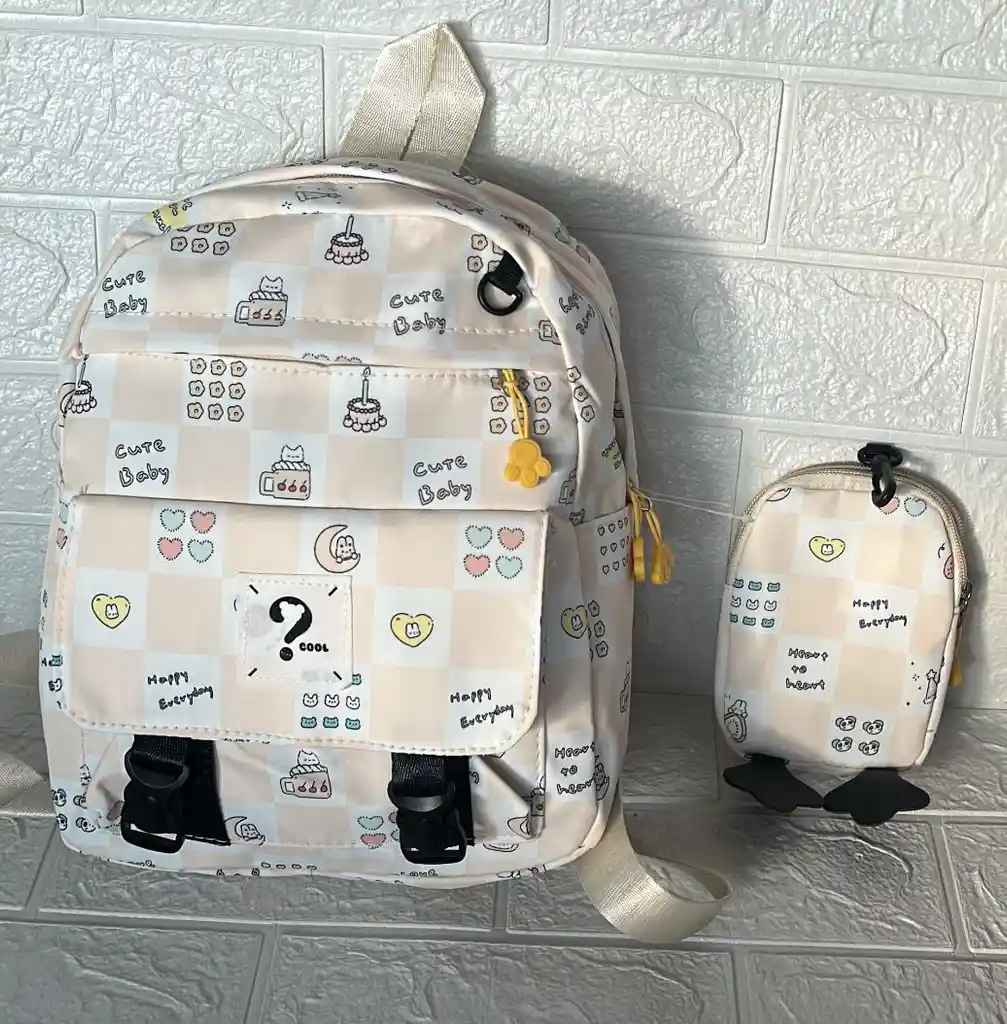 Maletin Escolar Dama O Niña 3 Bolsillos Pequeño Amarillo Claro + Monedero / Bolso