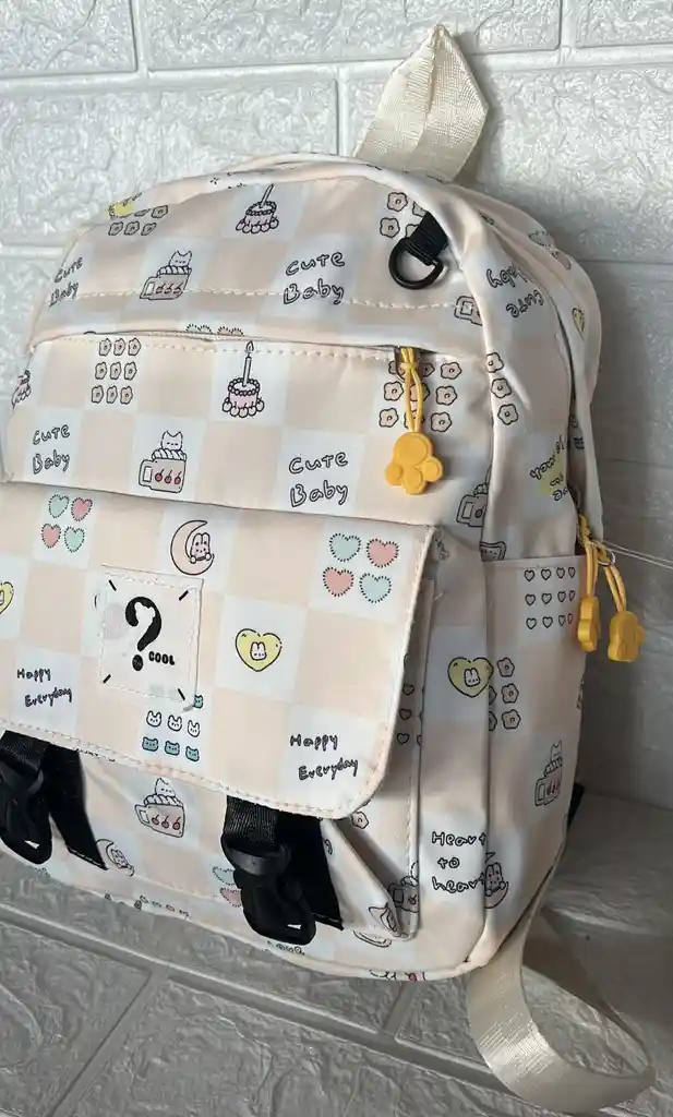Maletin Escolar Dama O Niña 3 Bolsillos Pequeño Amarillo Claro + Monedero / Bolso