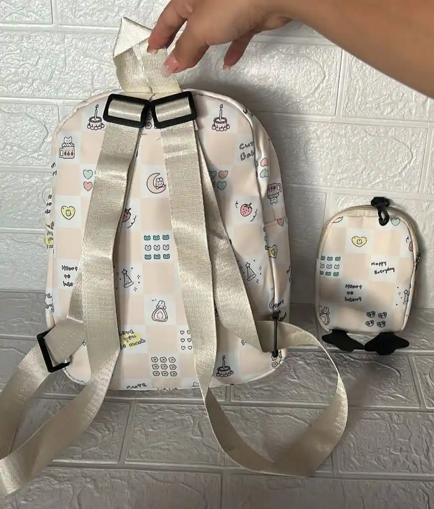 Maletin Escolar Dama O Niña 3 Bolsillos Pequeño Amarillo Claro + Monedero / Bolso
