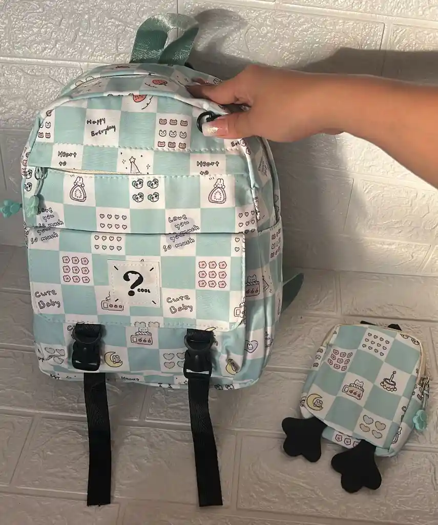 Maletin Escolar Dama O Niña 3 Bolsillos Pequeño Verde Claro + Monedero / Bolso