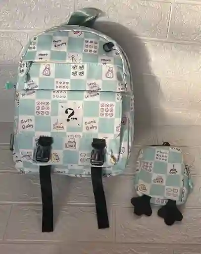 Maletin Escolar Dama O Niña 3 Bolsillos Pequeño Verde Claro + Monedero / Bolso