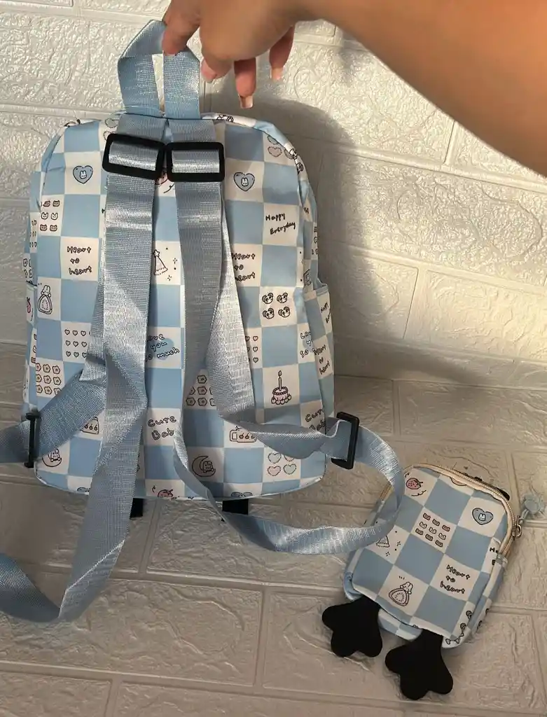 Maletin Escolar Dama O Niña 3 Bolsillos Pequeño Azul Claro + Monedero / Bolso