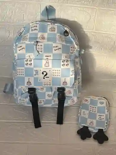 Maletin Escolar Dama O Niña 3 Bolsillos Pequeño Azul Claro + Monedero / Bolso