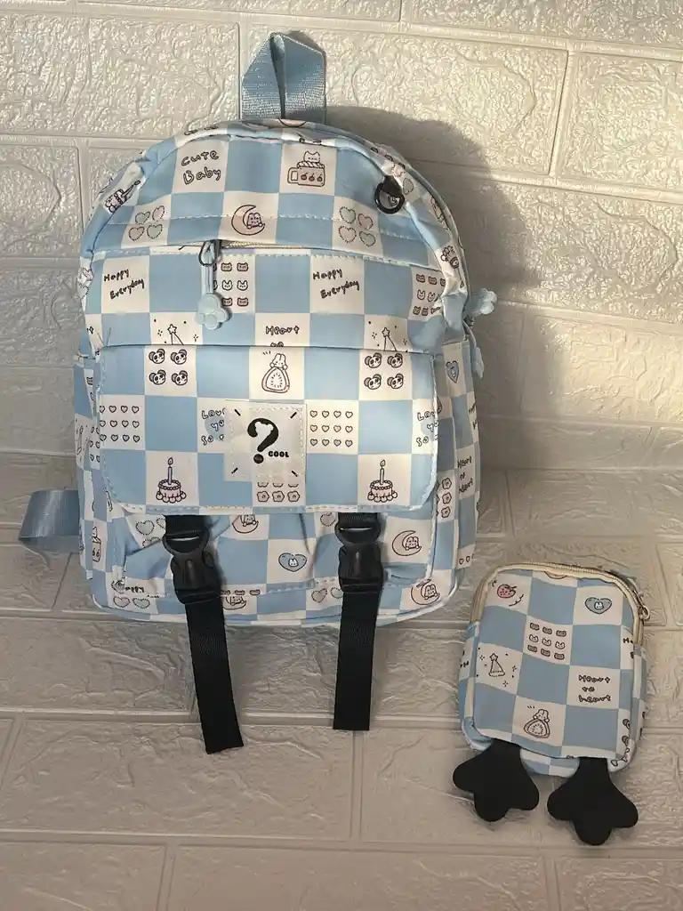 Maletin Escolar Dama O Niña 3 Bolsillos Pequeño Azul Claro + Monedero / Bolso
