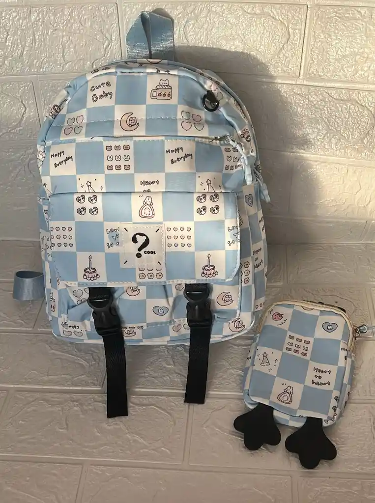 Maletin Escolar Dama O Niña 3 Bolsillos Pequeño Azul Claro + Monedero / Bolso