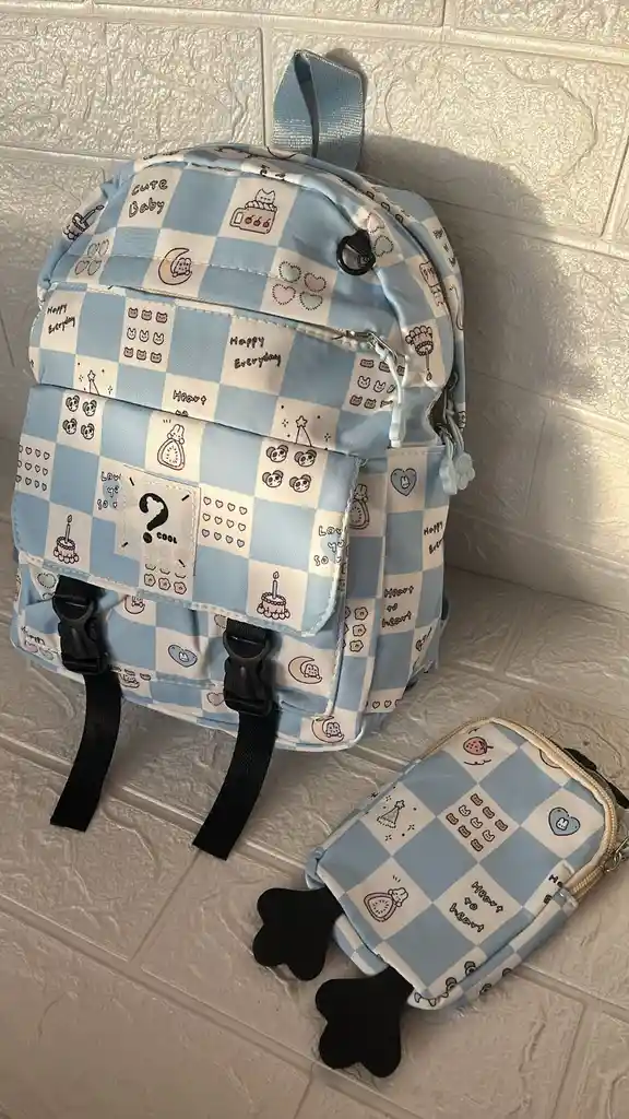 Maletin Escolar Dama O Niña 3 Bolsillos Pequeño Azul Claro + Monedero / Bolso