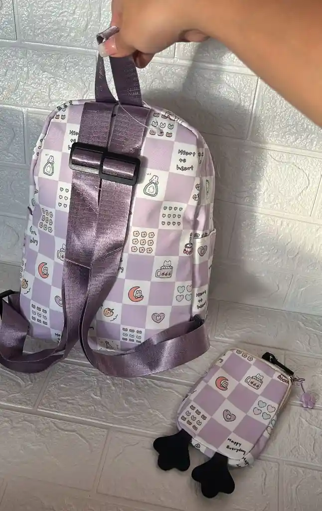 Maletin Escolar Dama O Niña 3 Bolsillos Pequeño Lila Claro + Monedero / Bolso