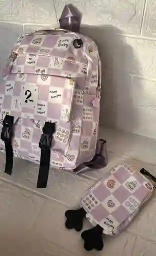Maletin Escolar Dama O Niña 3 Bolsillos Pequeño Lila Claro + Monedero / Bolso