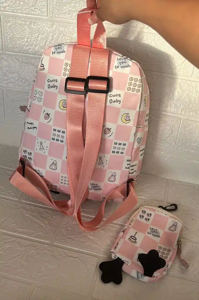 Maletin Escolar Dama O Niña 3 Bolsillos Pequeño Rosado Claro + Monedero / Bolso