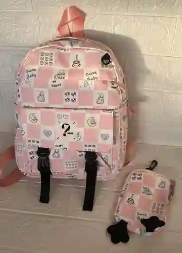 Maletin Escolar Dama O Niña 3 Bolsillos Pequeño Rosado Claro + Monedero / Bolso
