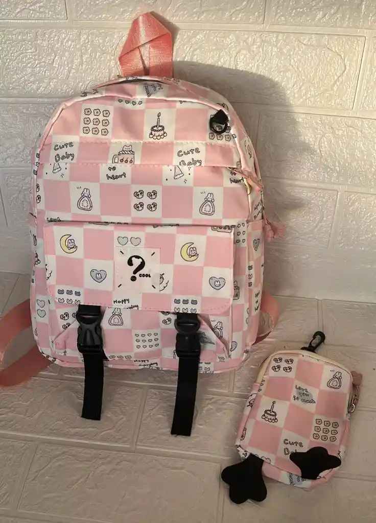 Maletin Escolar Dama O Niña 3 Bolsillos Pequeño Rosado Claro + Monedero / Bolso
