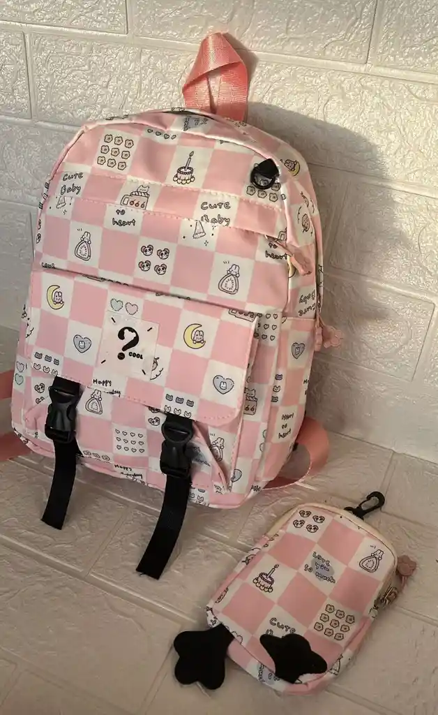 Maletin Escolar Dama O Niña 3 Bolsillos Pequeño Rosado Claro + Monedero / Bolso
