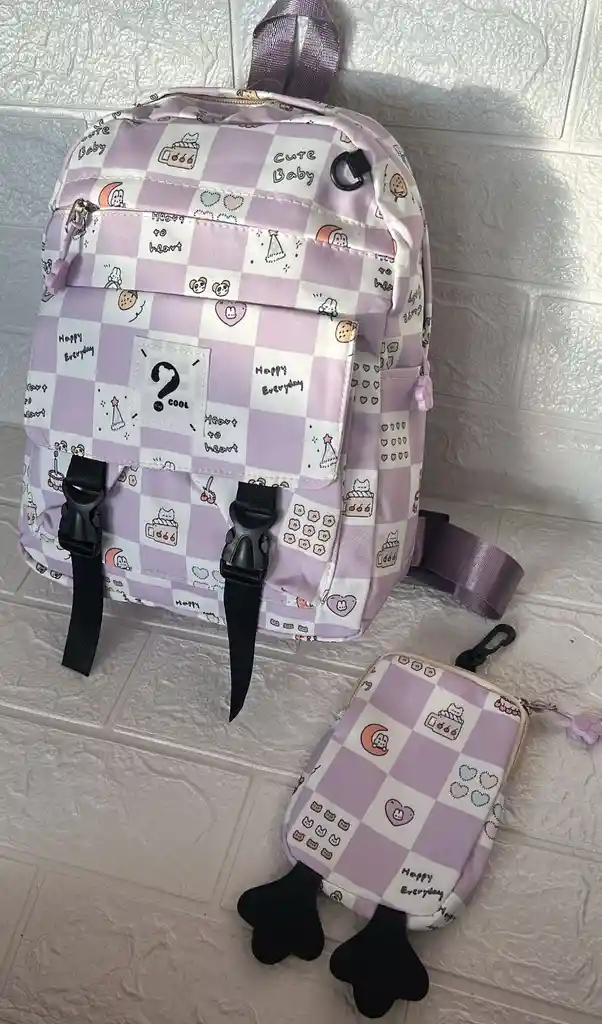 Maletin Escolar Dama O Niña 3 Bolsillos Pequeño Lila Claro + Monedero / Bolso