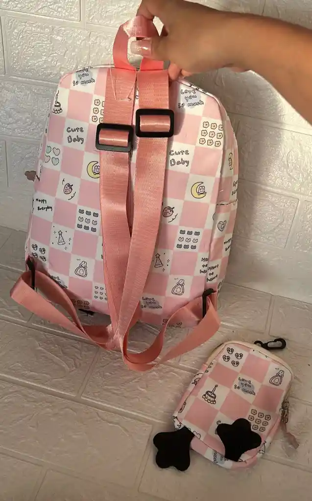 Maletin Escolar Dama O Niña 3 Bolsillos Pequeño Rosado Claro + Monedero / Bolso