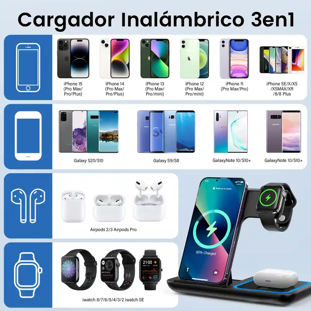 Cargador Inalambrico 3 En 1 Estación De Carga Qi Plegable