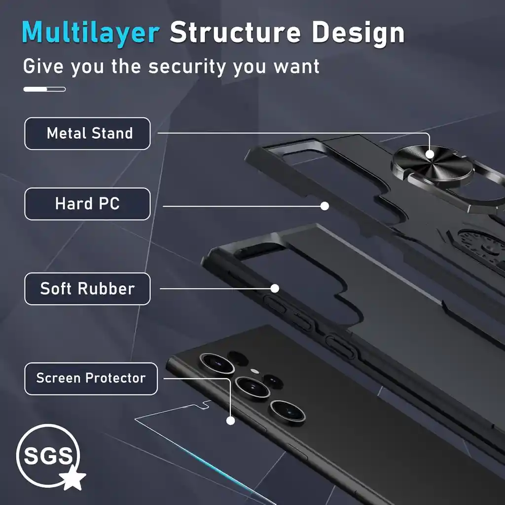 Funda Compatible Con Samsung Galaxy S24 Ultra Con Protector De Pantalla De Vidrio Templado Resistente A Los Golpes Funda De Teléfono De Cuerpo Completo Con Soporte De Anillo De Metal