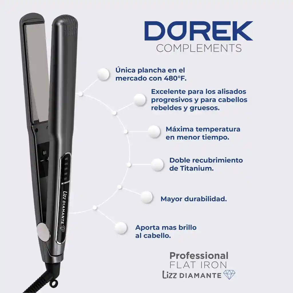 Plancha Lizz Diamante 480 °f Nano Titanium Dorek Complement + Obsequio
