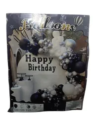 Bouquet Bombas Globos Completo Happy Birthday X 72 Uds Negro Con Pateado Y Blanco Metalizado