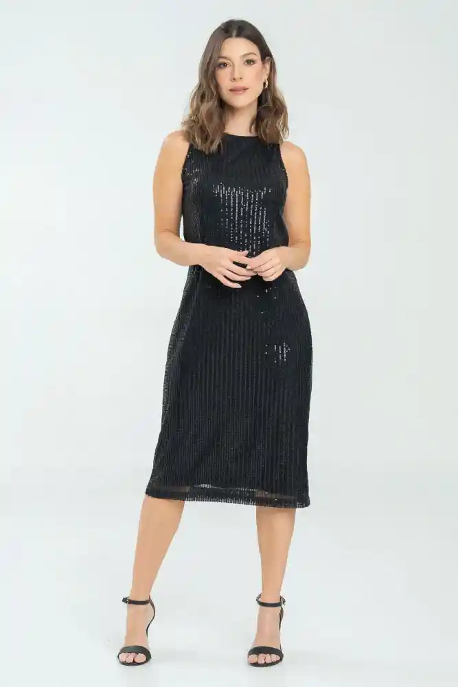 Vestido Midi Lentejuelas Color Negro Talla L