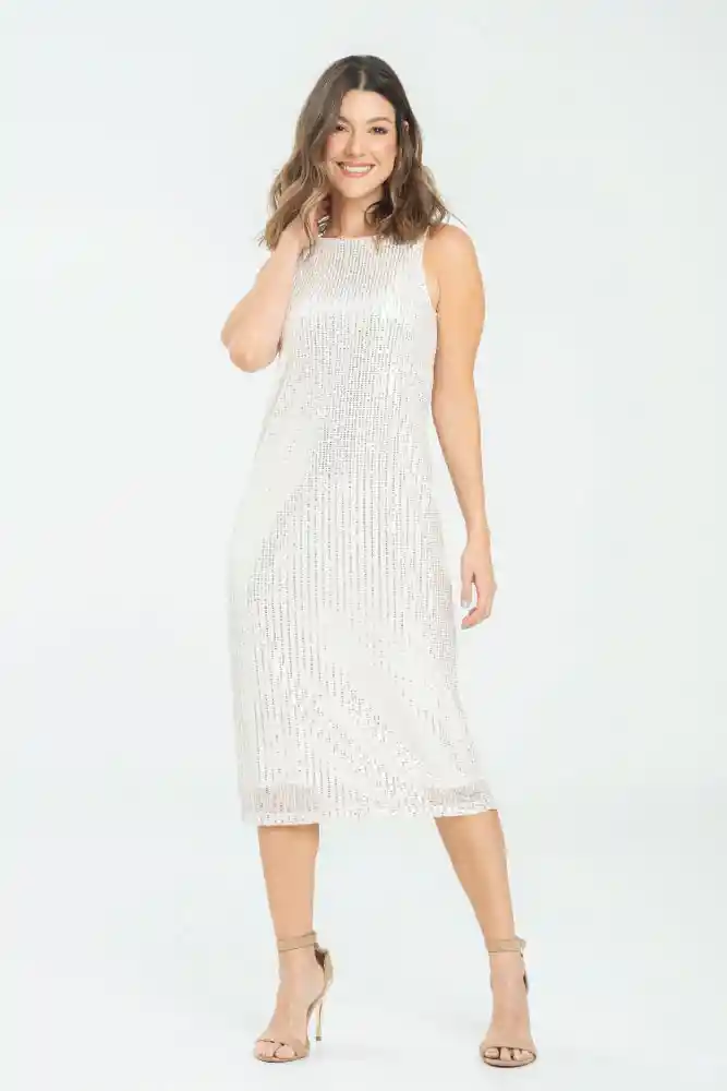 Vestido Midi Lentejuelas Color Beige Claro Talla Xl