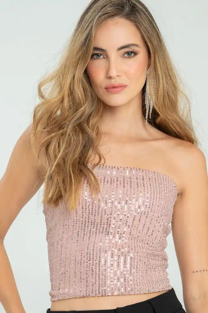 Strapless Lentejuela Color Rosado Palo De Rosa Talla L