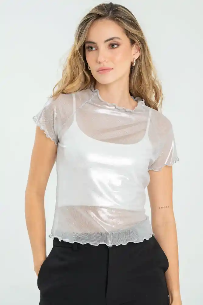 Top Mesh Brillo Color Plateado Talla L